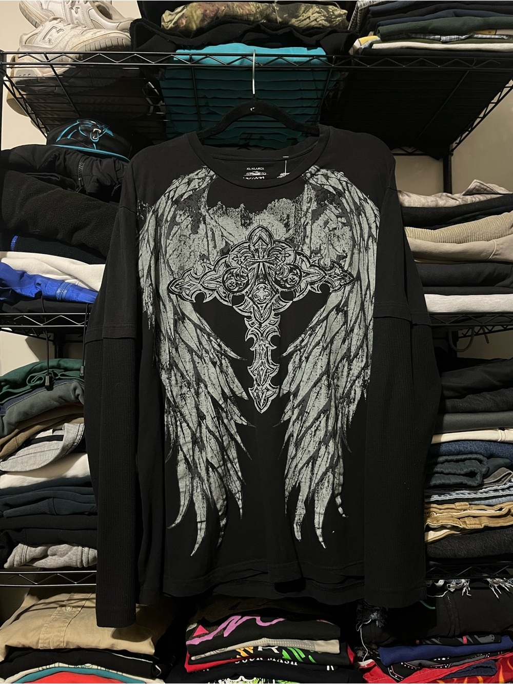 Y2k Men's Black Long-Sleeve Graphic Cross & Wings Shirt with thermal sleeve